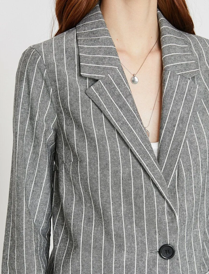 10623 Black One Button Long Striped Jacket