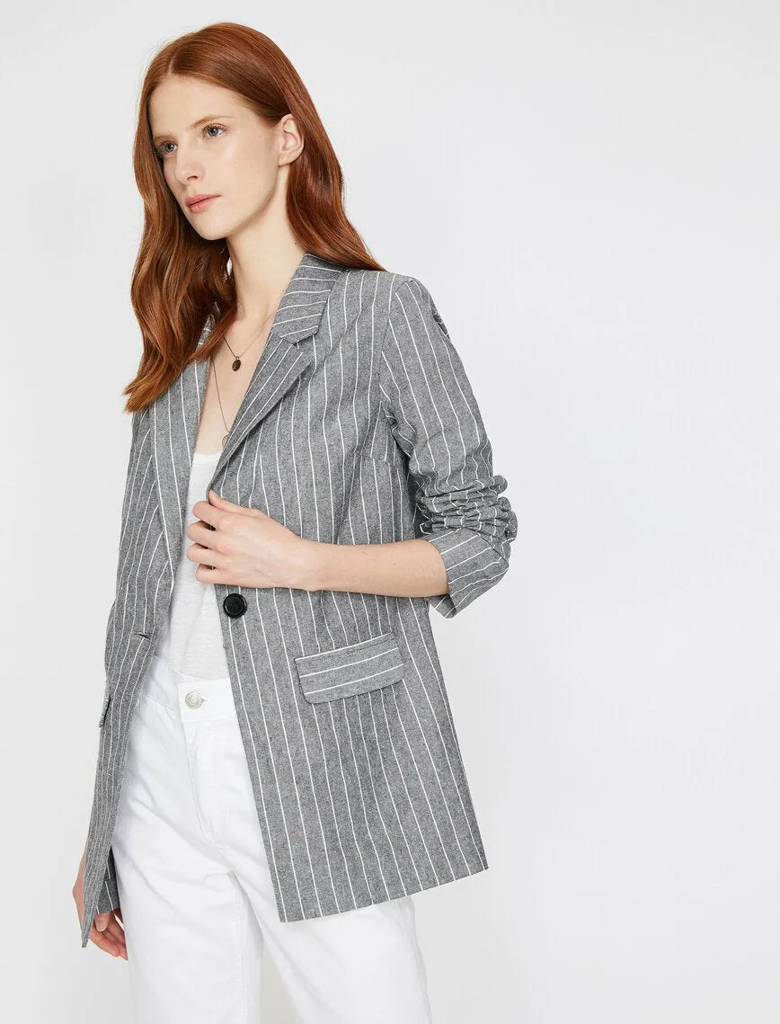10623 Black One Button Long Striped Jacket