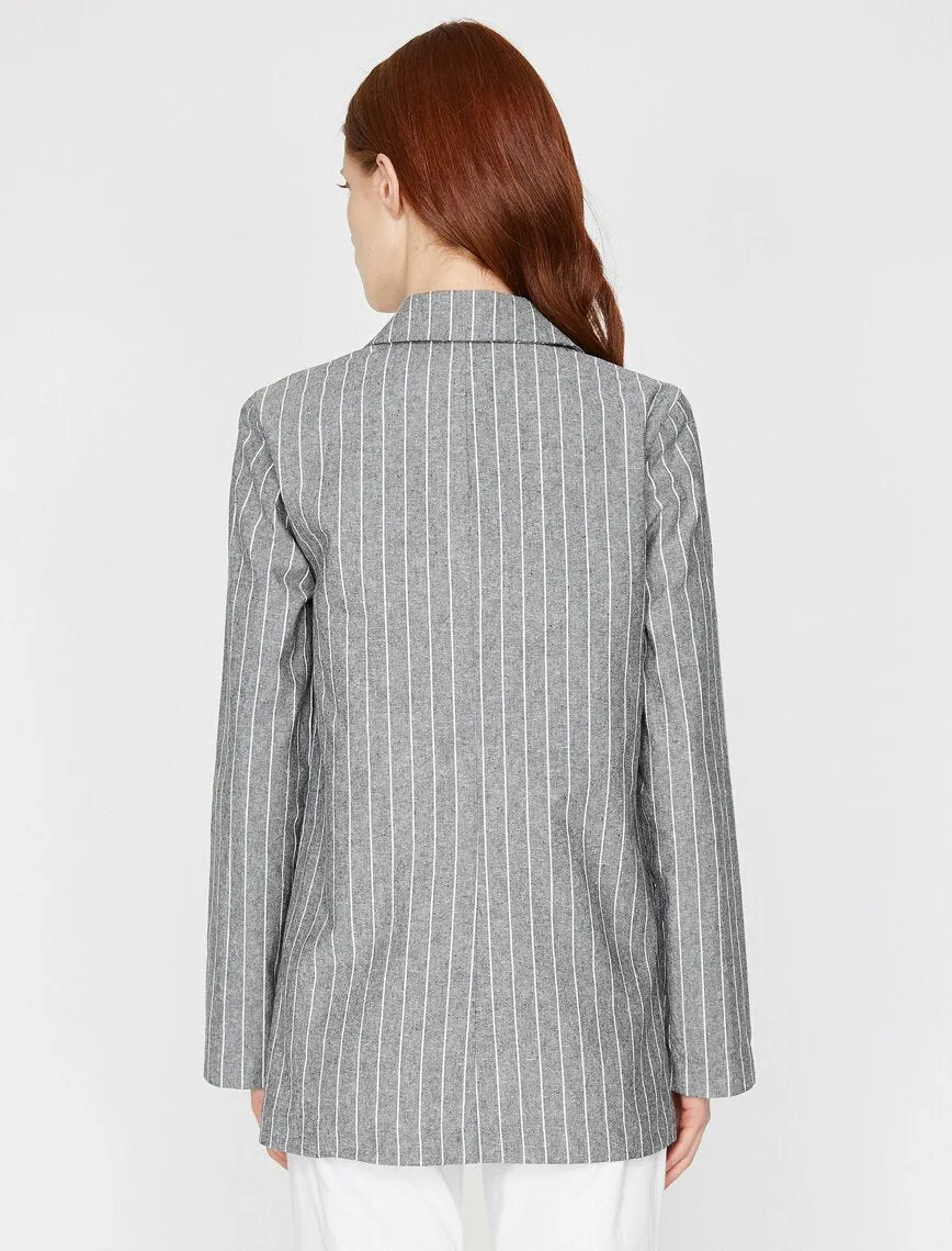 10623 Black One Button Long Striped Jacket