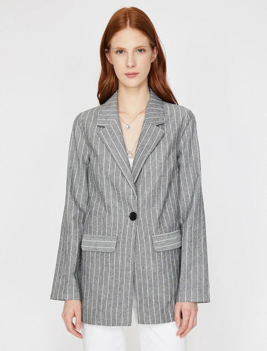 10623 Black One Button Long Striped Jacket