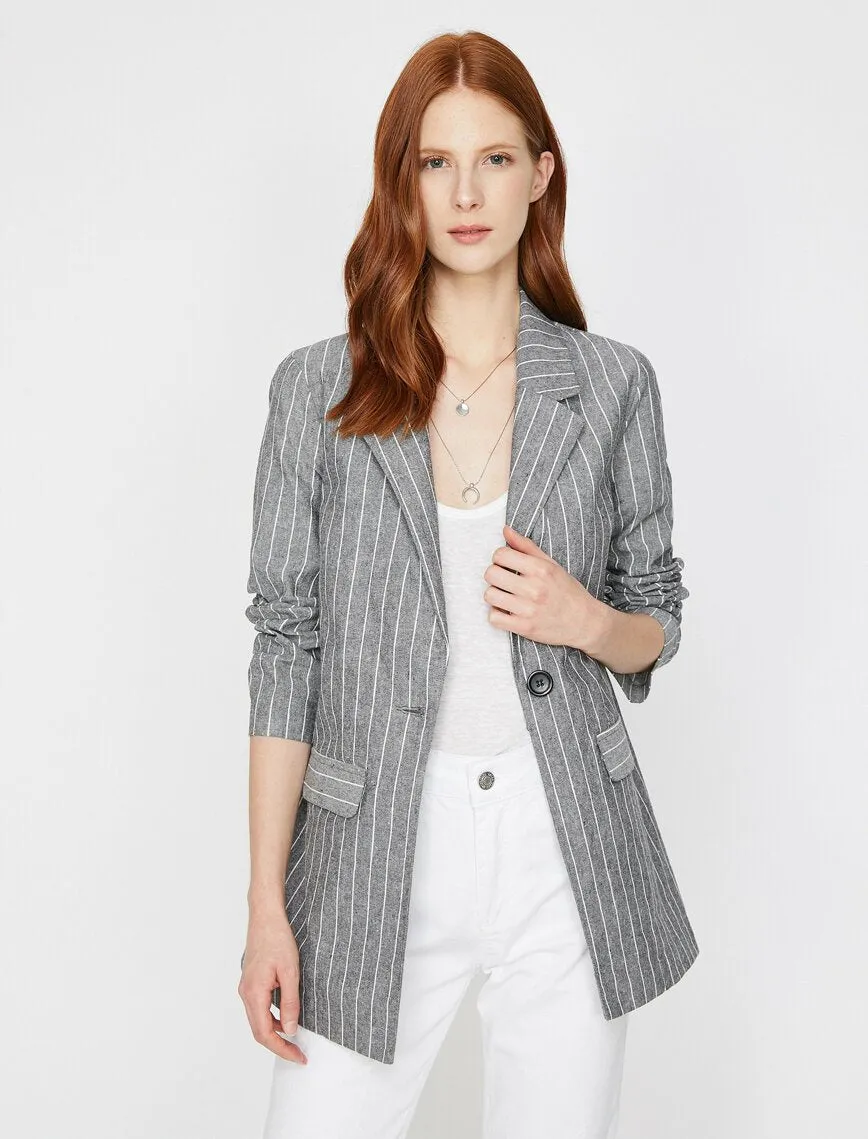 10623 Black One Button Long Striped Jacket
