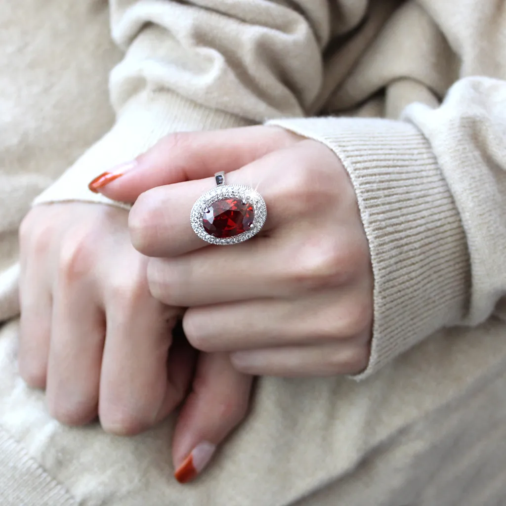 3W1455 - Brass Ring Rhodium Women AAA Grade CZ Garnet