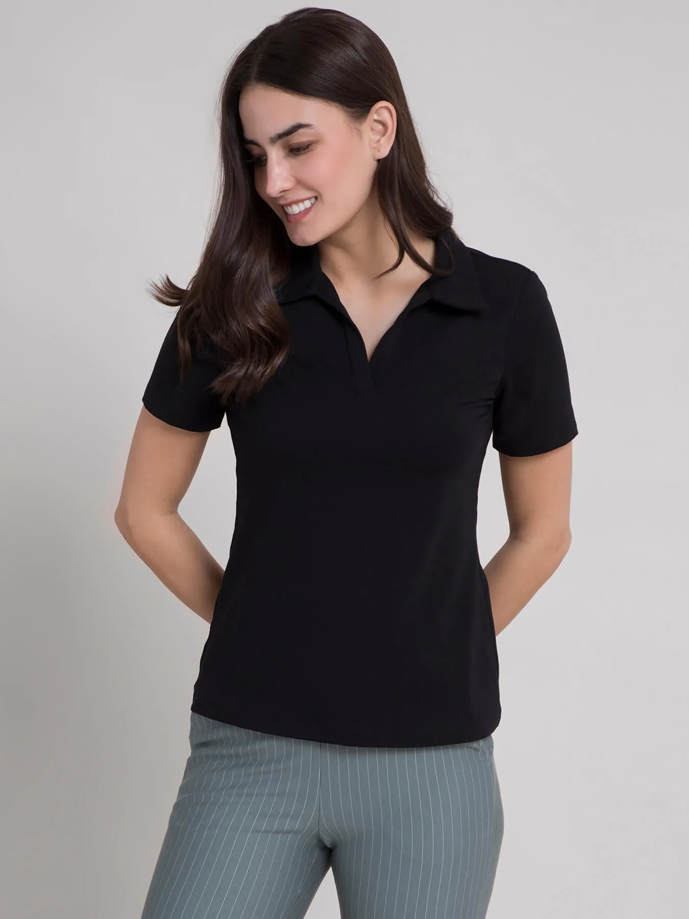 4 Way Stretch Collared LivIn T-shirt - Black