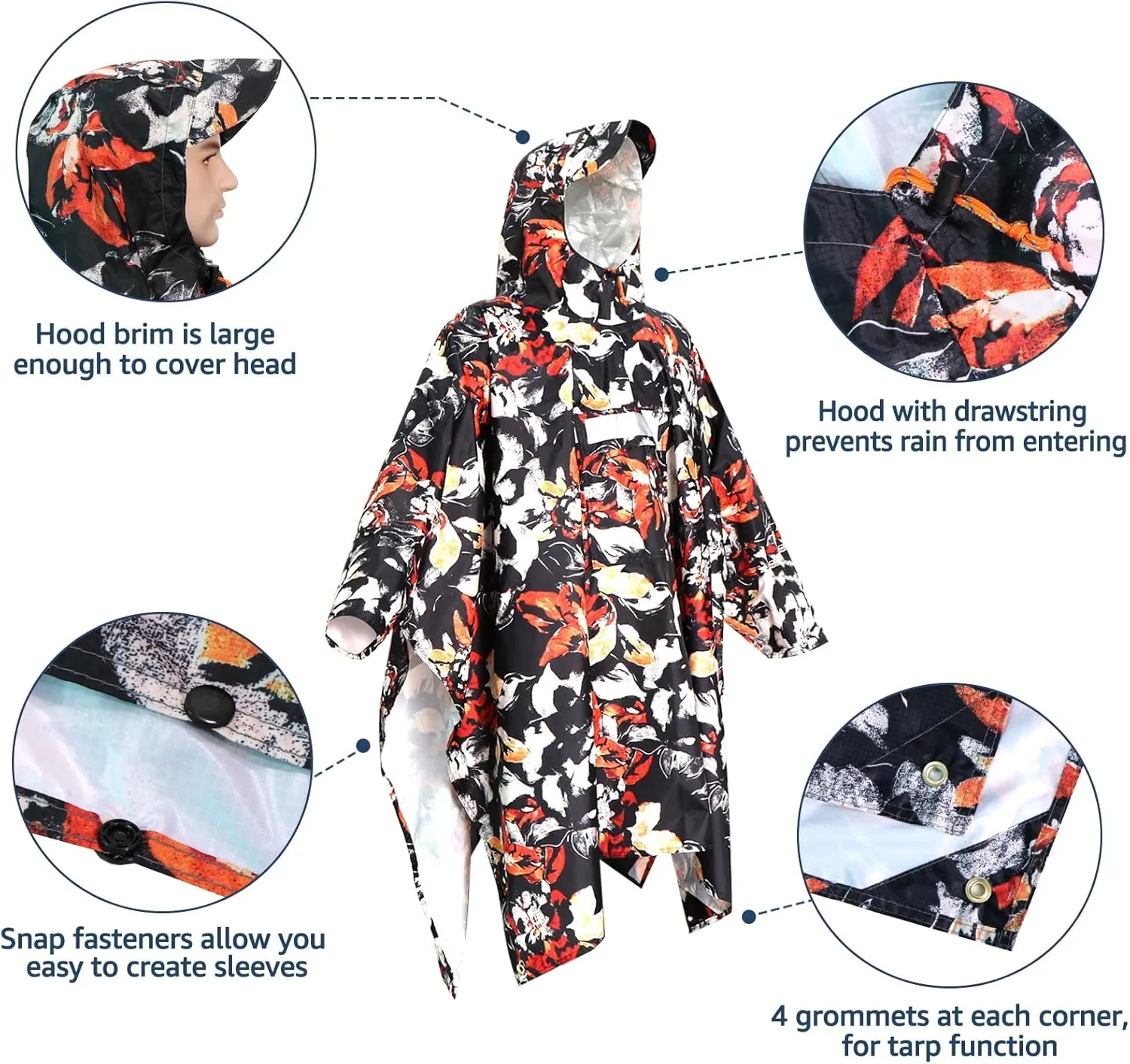 ANYOO Waterproof Rain Poncho for Adults Lightweight Raincoat for Men Women Jacket Coat Hooded for Hiking Outdoor Activities