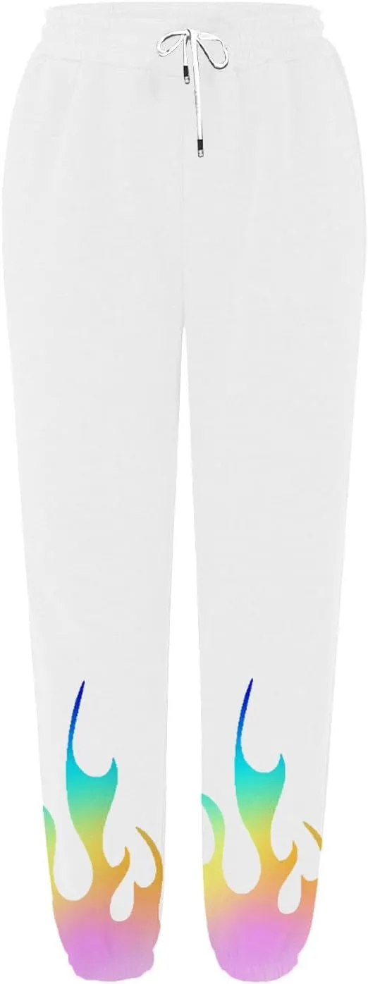 Athletic Pants Women Flame Printing Sweatpants Loose Trousers with Pockets High Waist Workout Running Jogger Pants