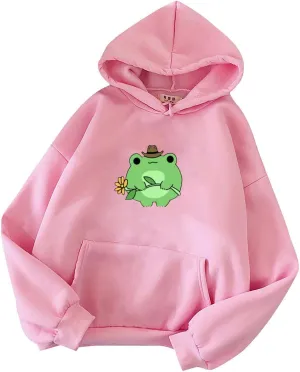 Attine Cute Frog Hoodie for Womens 2024 Long Sleeve Patchwork Sweatshirts Kawaii Frog Graphic Pullover with Pocket