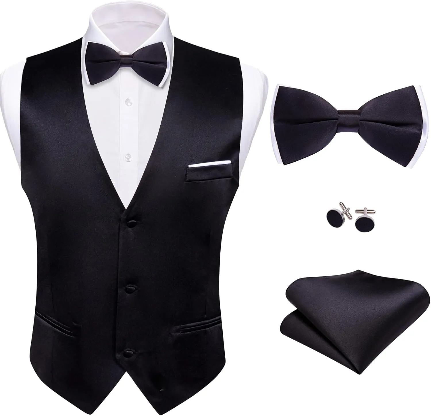 Barry.Wang Mens Suit Vest Bow Tie Set 4PCS Formal V-neck Slim Fit Casual Solid Color Waistcoat Wedding Party Tuxedo