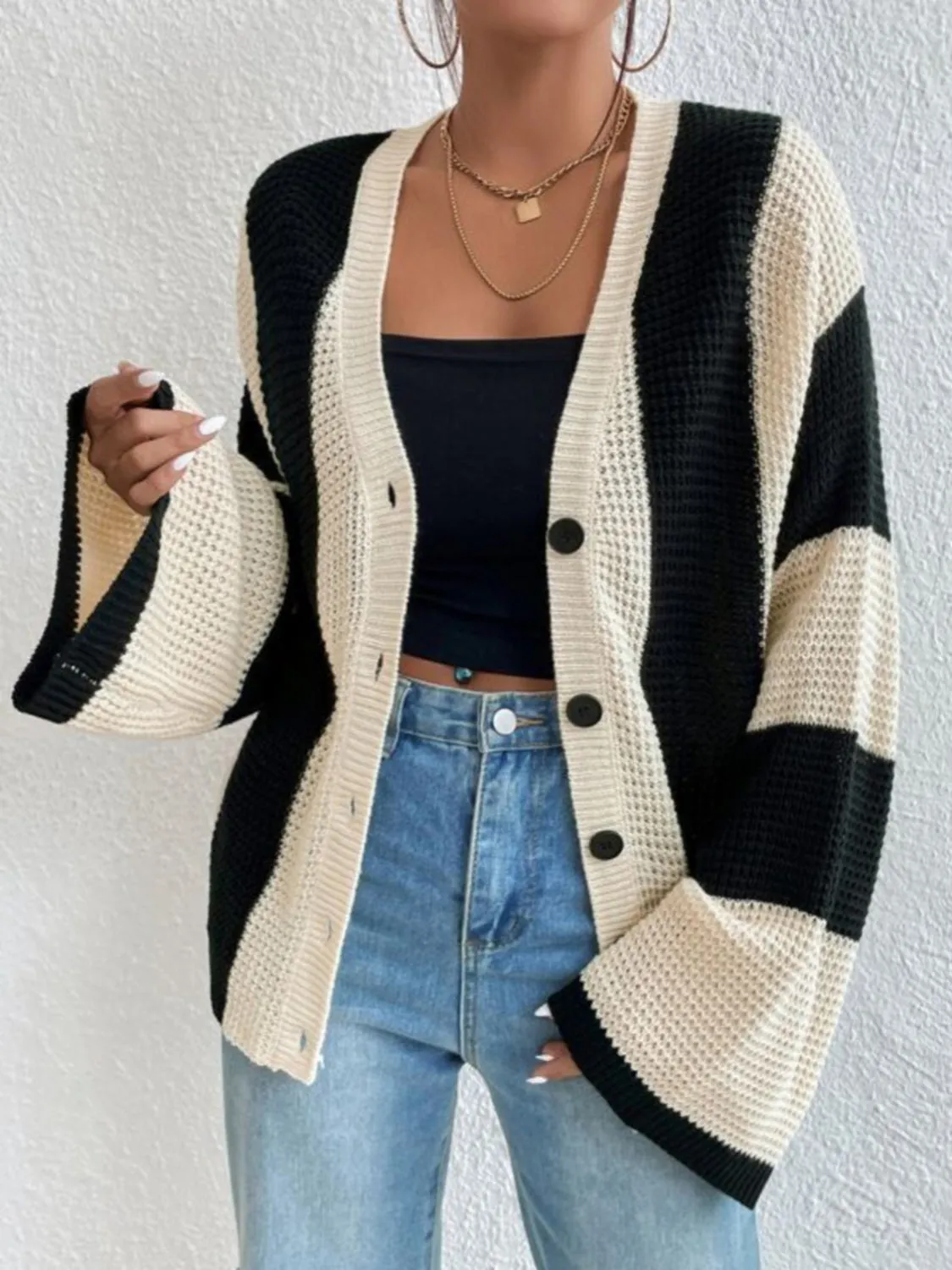 Black and White Striped Button Up Cardigan Sweater with buttons