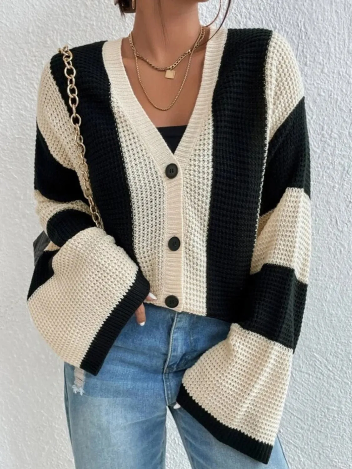 Black and White Striped Button Up Cardigan Sweater with buttons