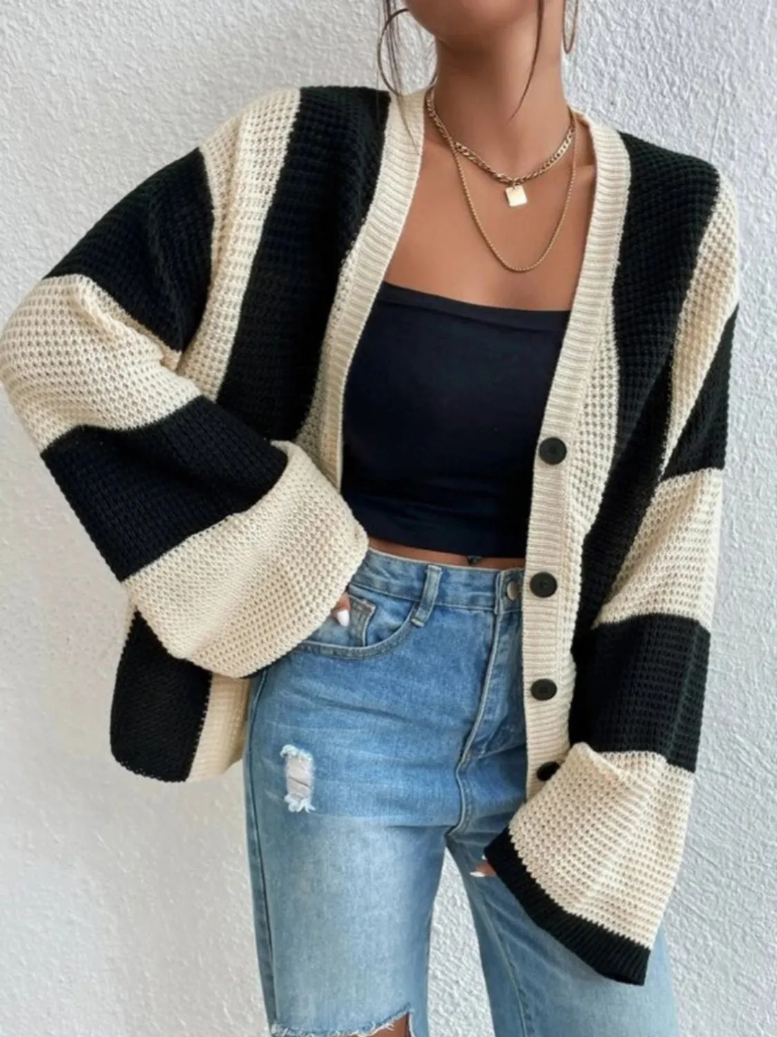 Black and White Striped Button Up Cardigan Sweater with buttons