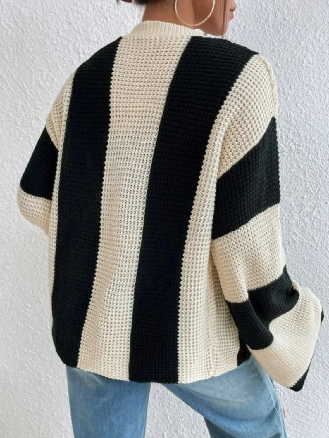 Black and White Striped Button Up Cardigan Sweater with buttons