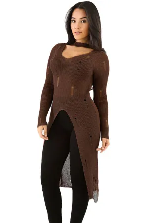Brown Choker Distress Hi-lo Sweater Top