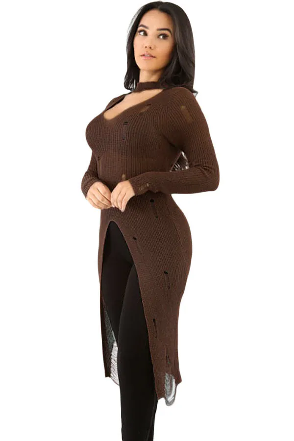 Brown Choker Distress Hi-lo Sweater Top
