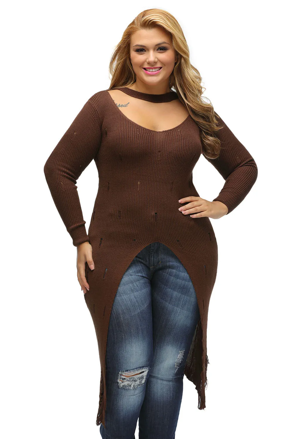 Brown Choker Distress Hi-lo Sweater Top