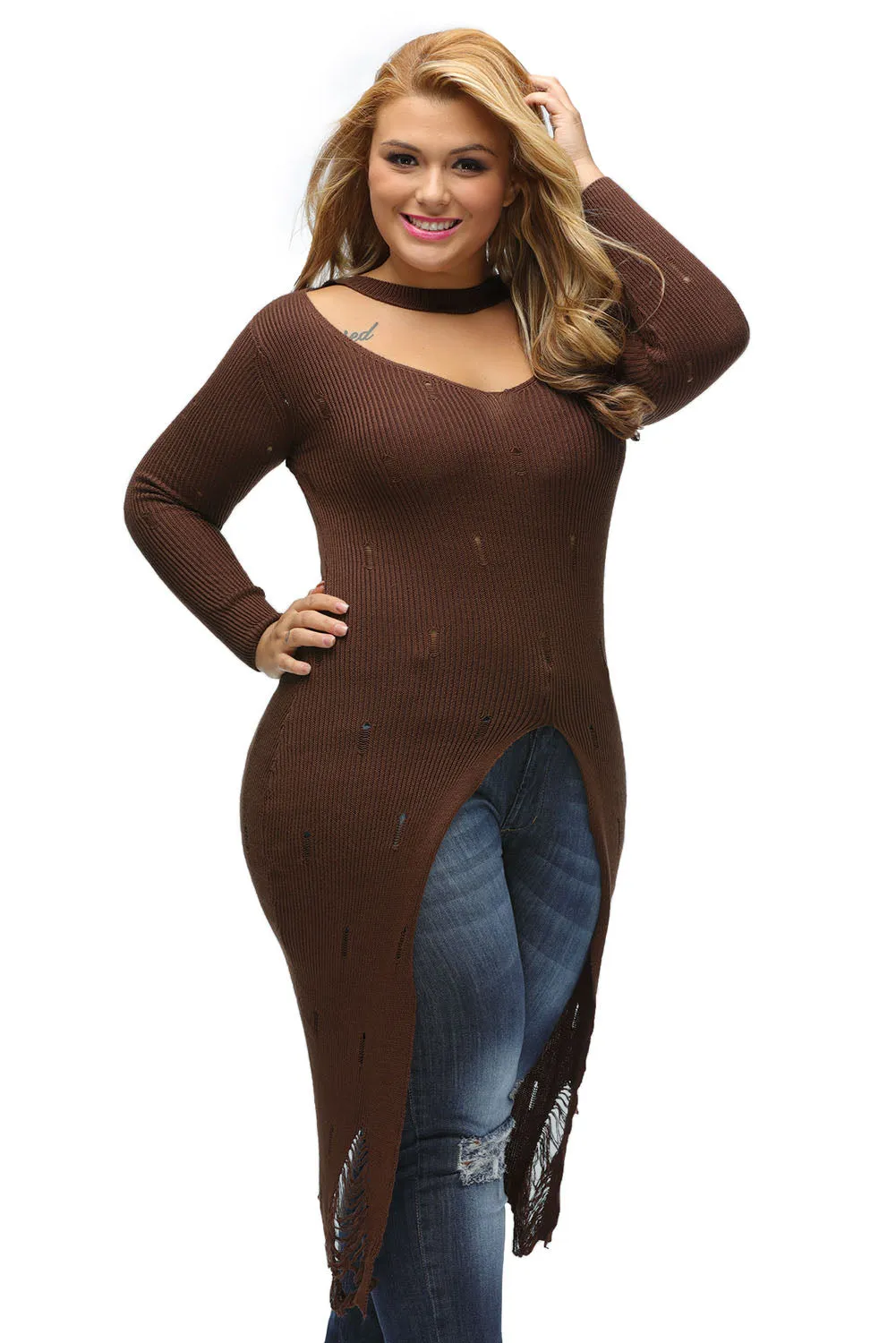 Brown Choker Distress Hi-lo Sweater Top