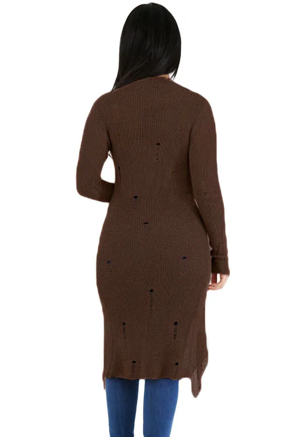 Brown Choker Distress Hi-lo Sweater Top