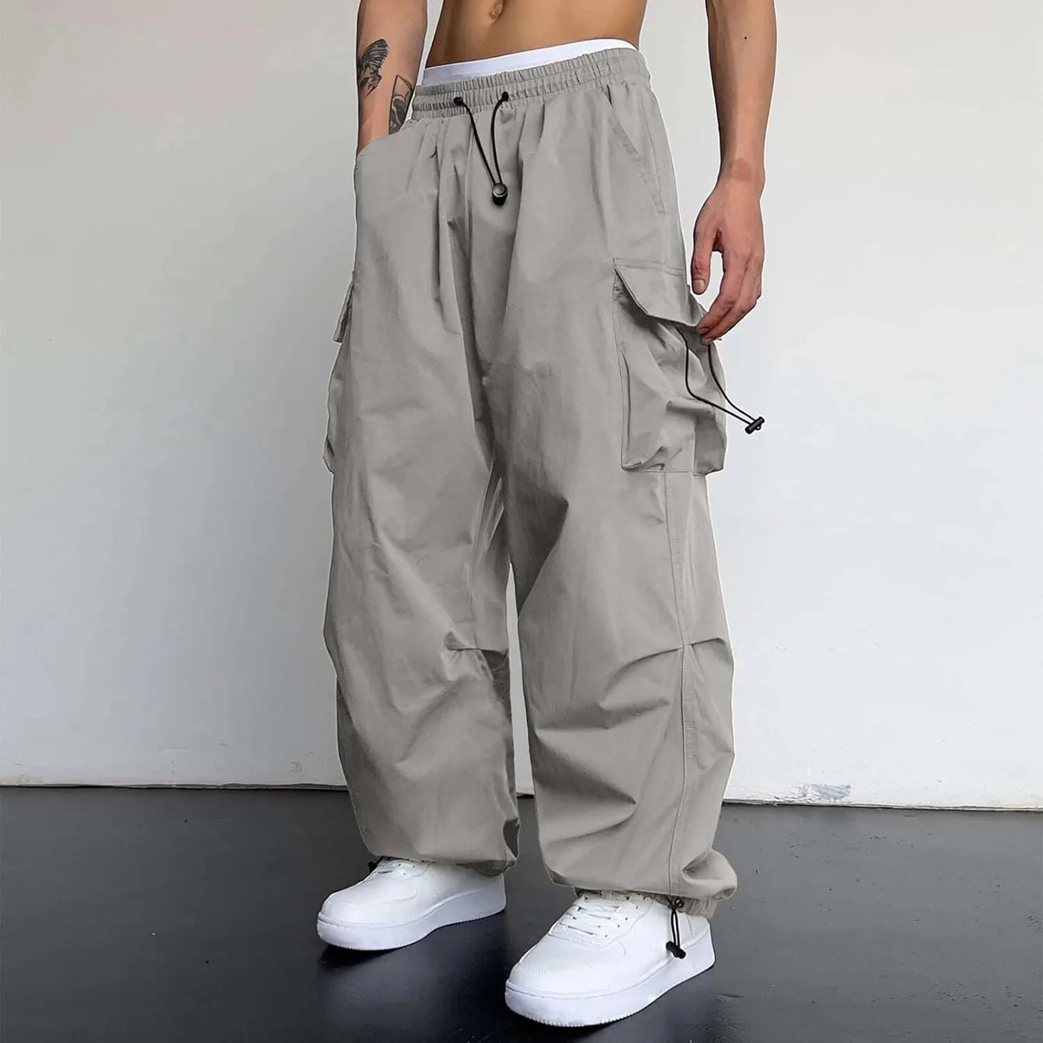 Cargo Pant for Men Casual Work Sweatpants Drawstring Waist Wide Leg Hiking Pants with Multiple Pockets