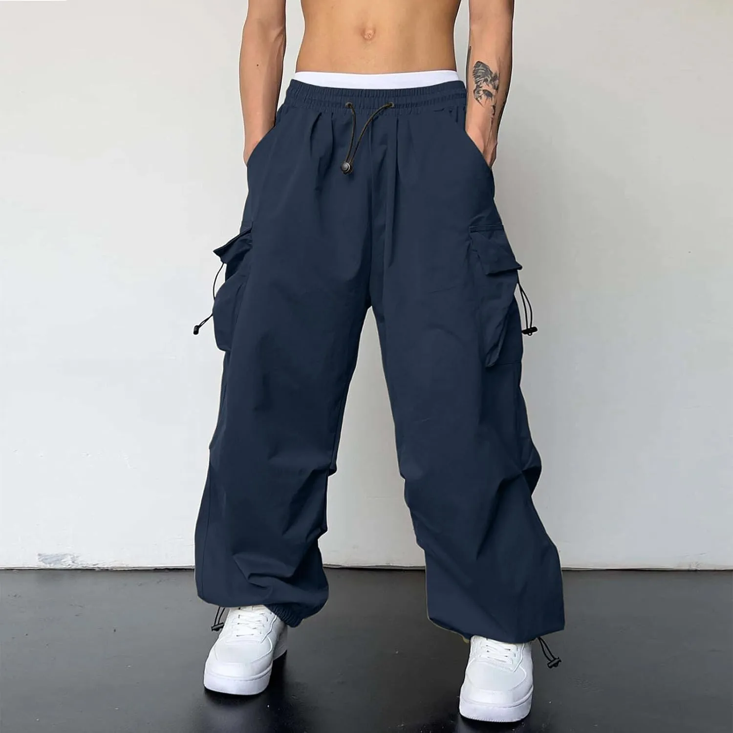 Cargo Pant for Men Casual Work Sweatpants Drawstring Waist Wide Leg Hiking Pants with Multiple Pockets