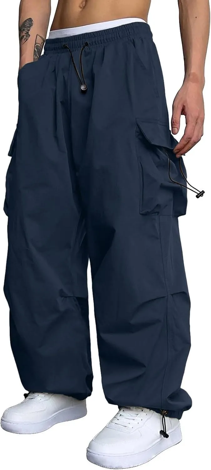 Cargo Pant for Men Casual Work Sweatpants Drawstring Waist Wide Leg Hiking Pants with Multiple Pockets
