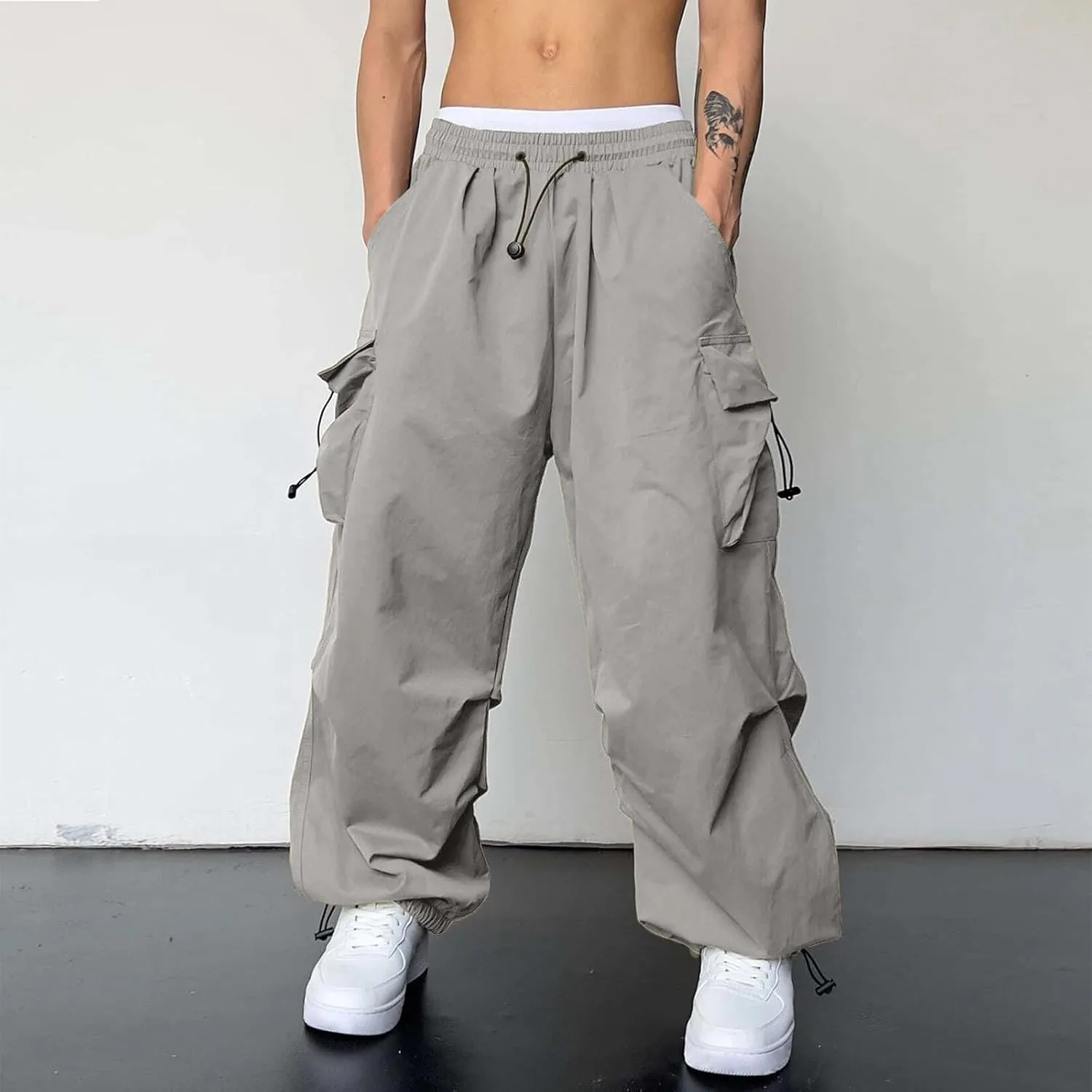 Cargo Pant for Men Casual Work Sweatpants Drawstring Waist Wide Leg Hiking Pants with Multiple Pockets