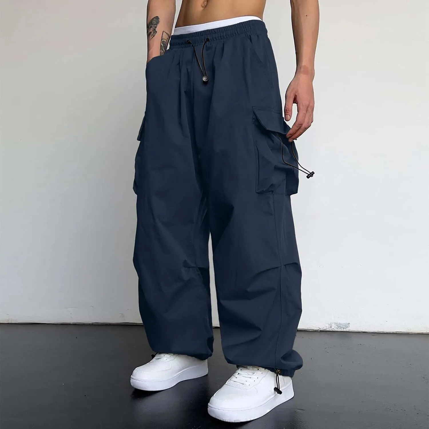 Cargo Pant for Men Casual Work Sweatpants Drawstring Waist Wide Leg Hiking Pants with Multiple Pockets