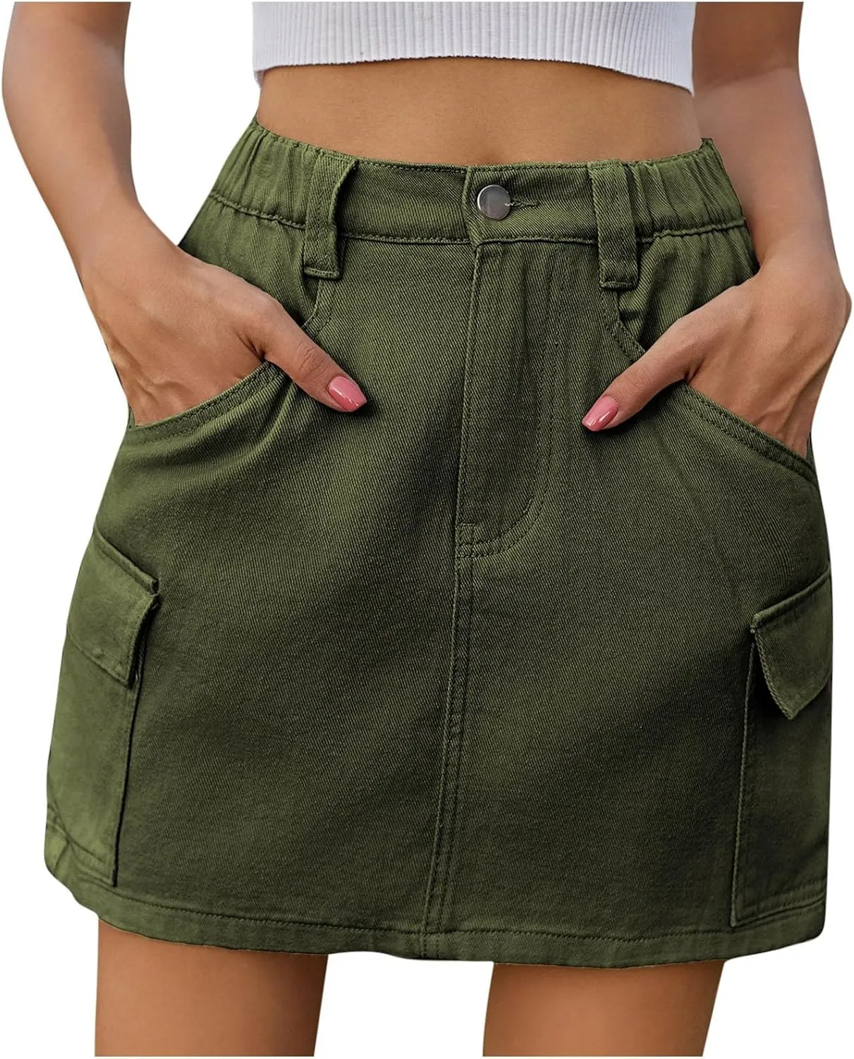 Cargo Skirt for Women High Waisted Button Mini Jean Skirt with Flap Pocket, Trendy Summer Bodycon Denim Short Skirts