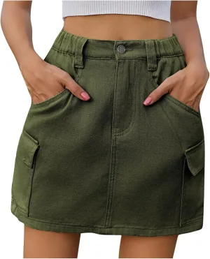 Cargo Skirt for Women High Waisted Button Mini Jean Skirt with Flap Pocket, Trendy Summer Bodycon Denim Short Skirts