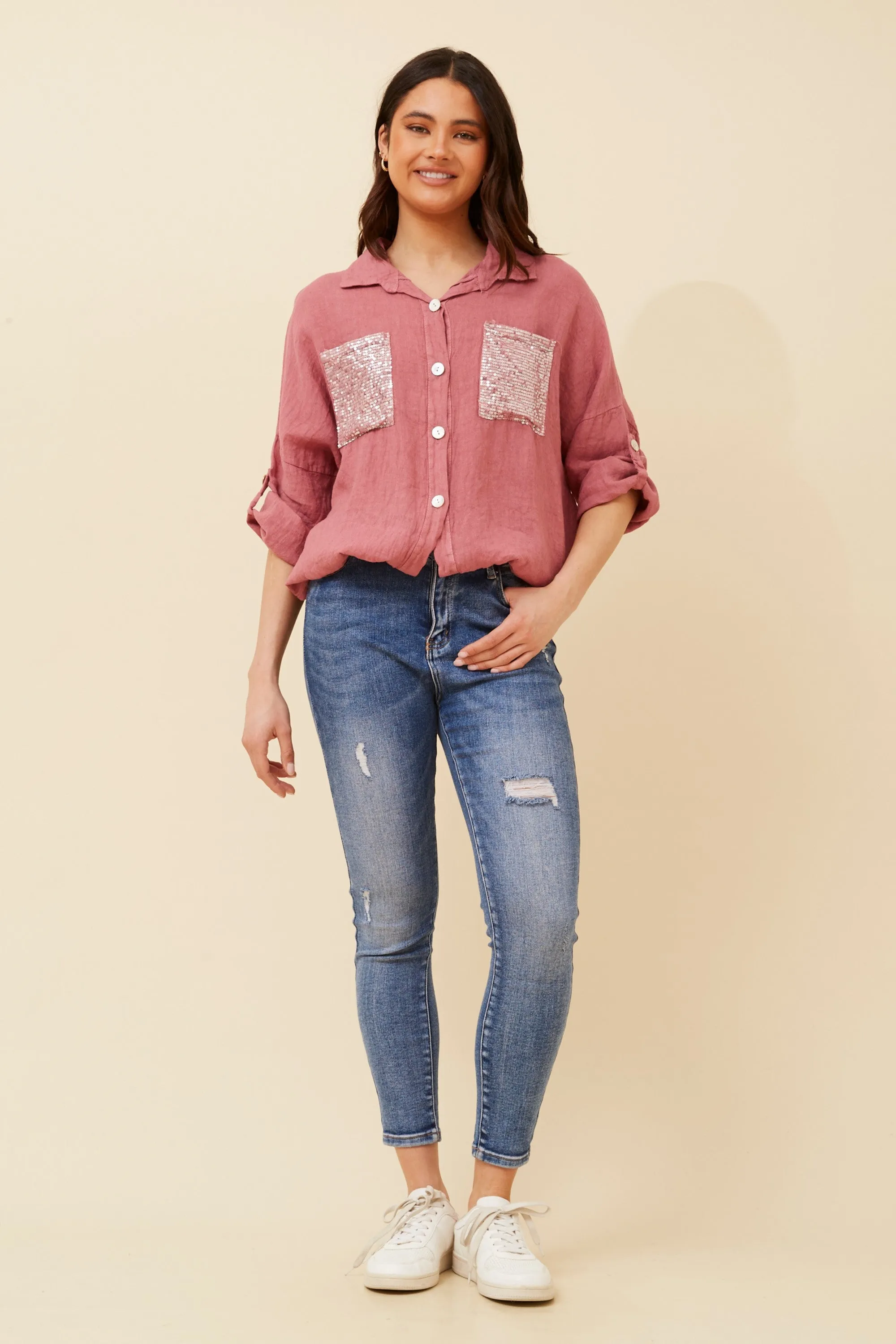 Caroline Morgan Sequin Pocket Shirt