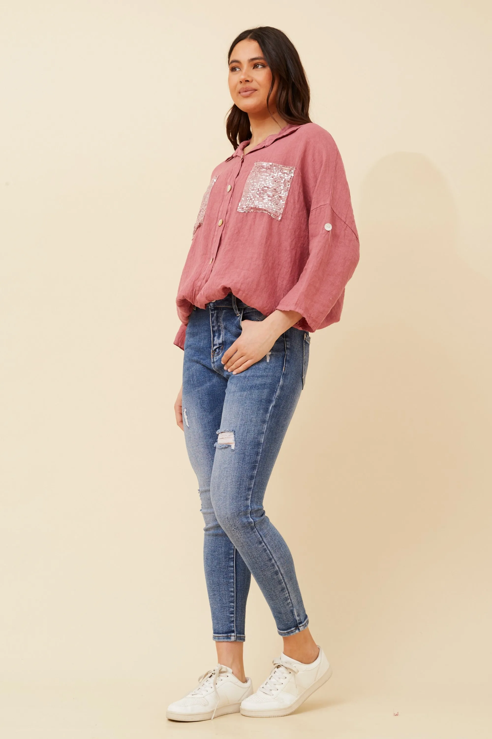 Caroline Morgan Sequin Pocket Shirt