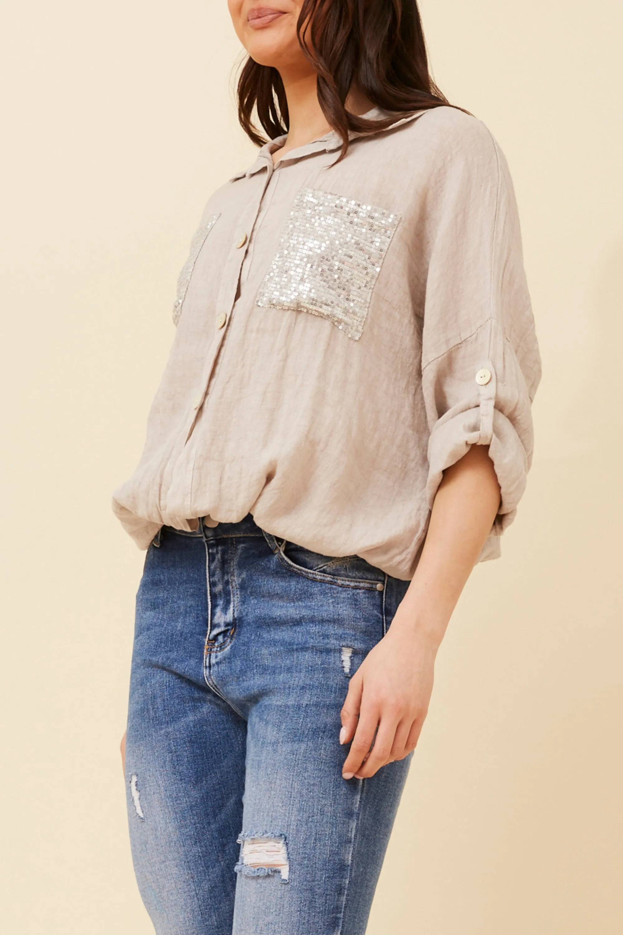 Caroline Morgan Sequin Pocket Shirt