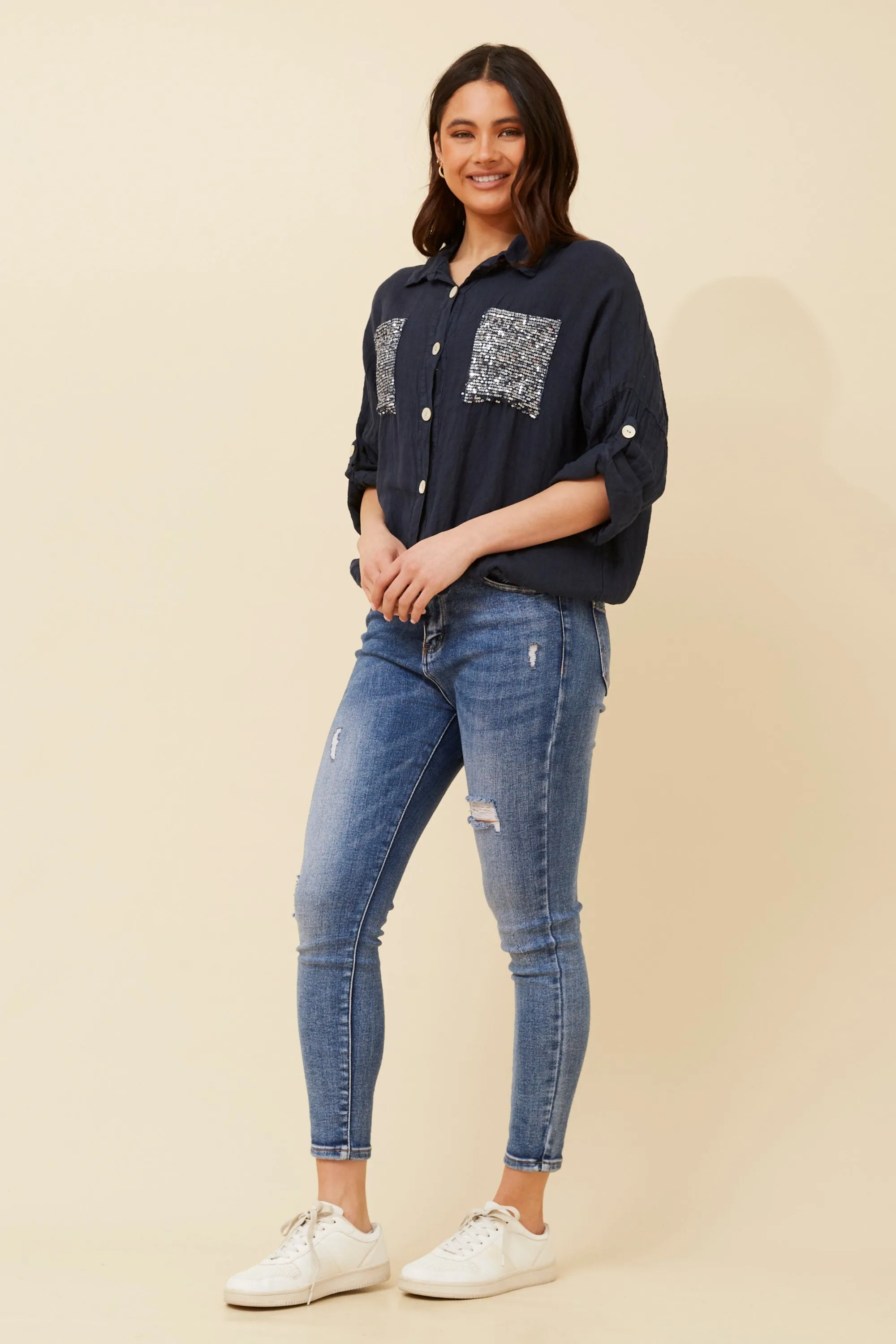 Caroline Morgan Sequin Pocket Shirt