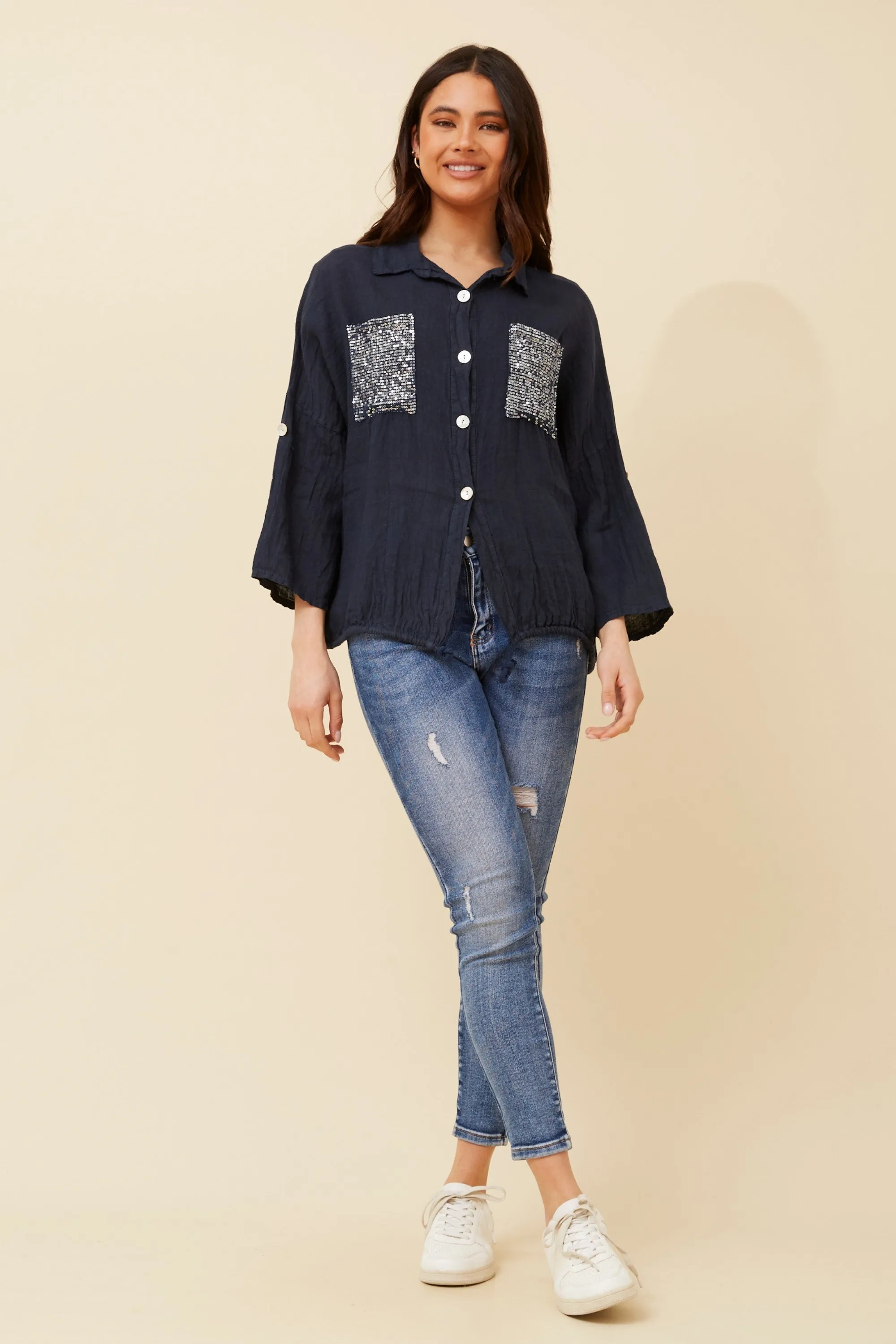 Caroline Morgan Sequin Pocket Shirt