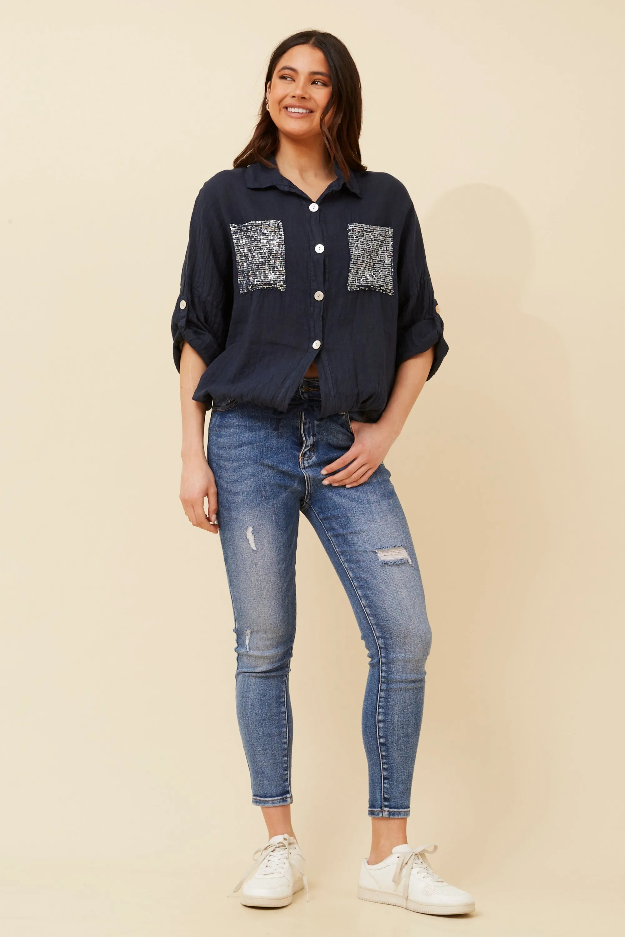 Caroline Morgan Sequin Pocket Shirt
