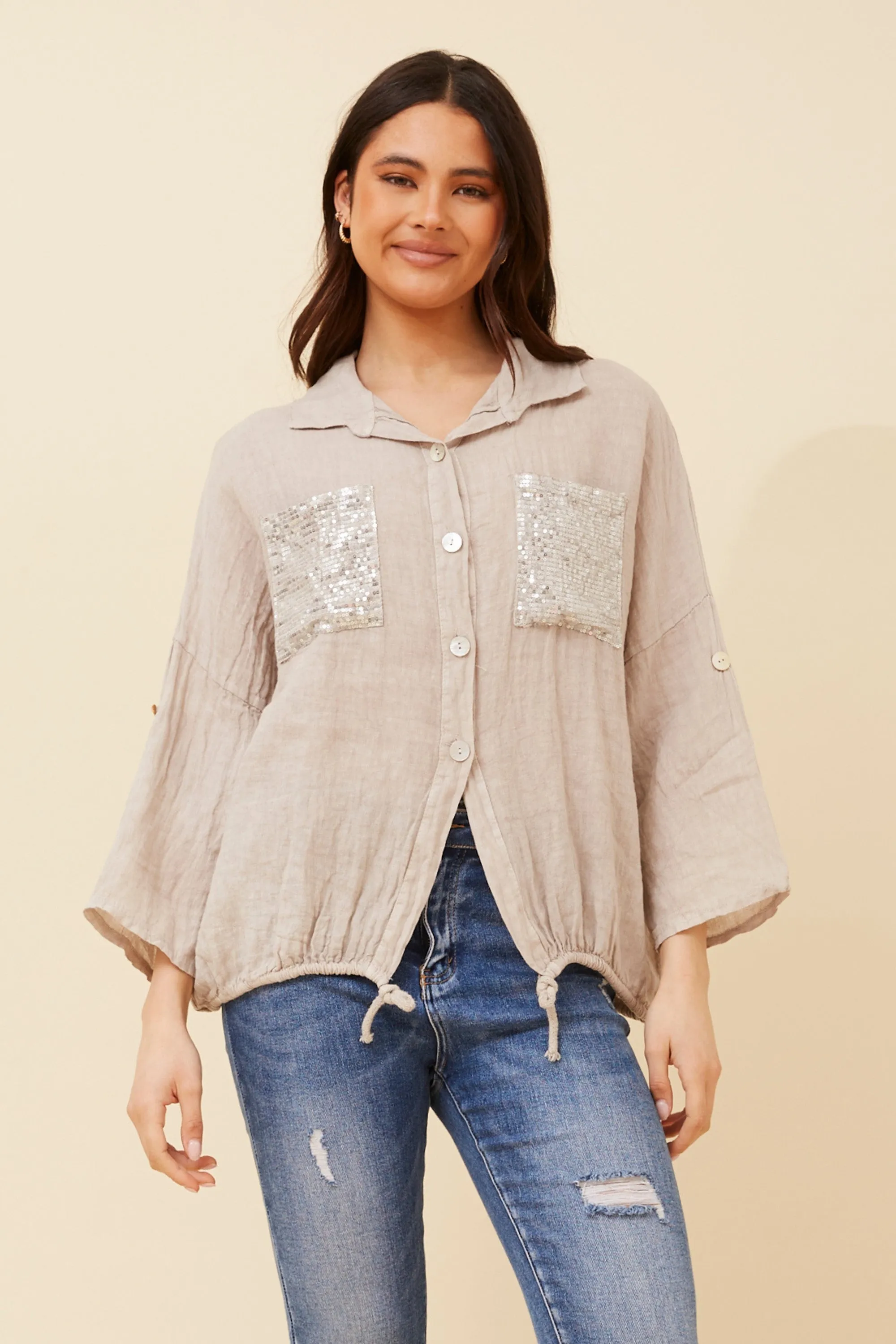 Caroline Morgan Sequin Pocket Shirt