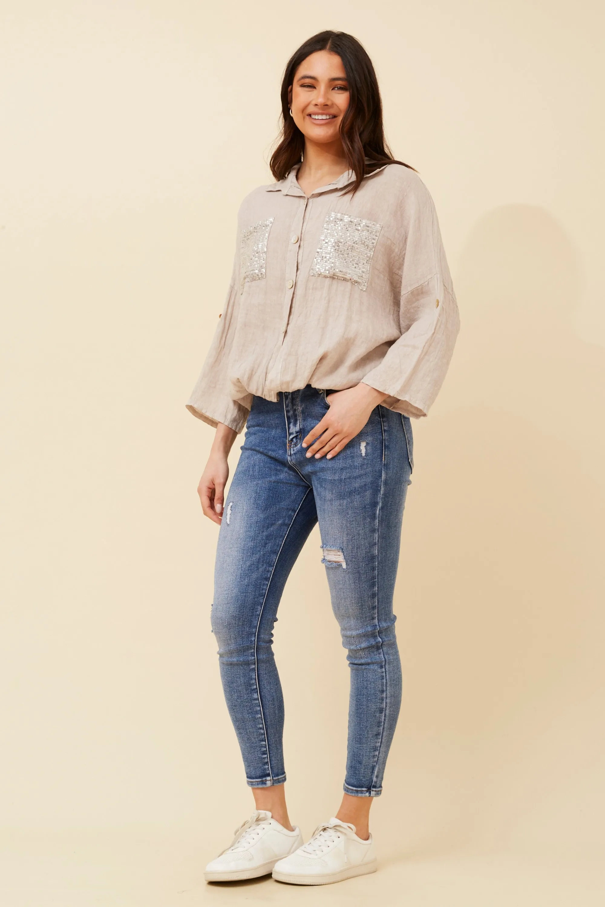 Caroline Morgan Sequin Pocket Shirt