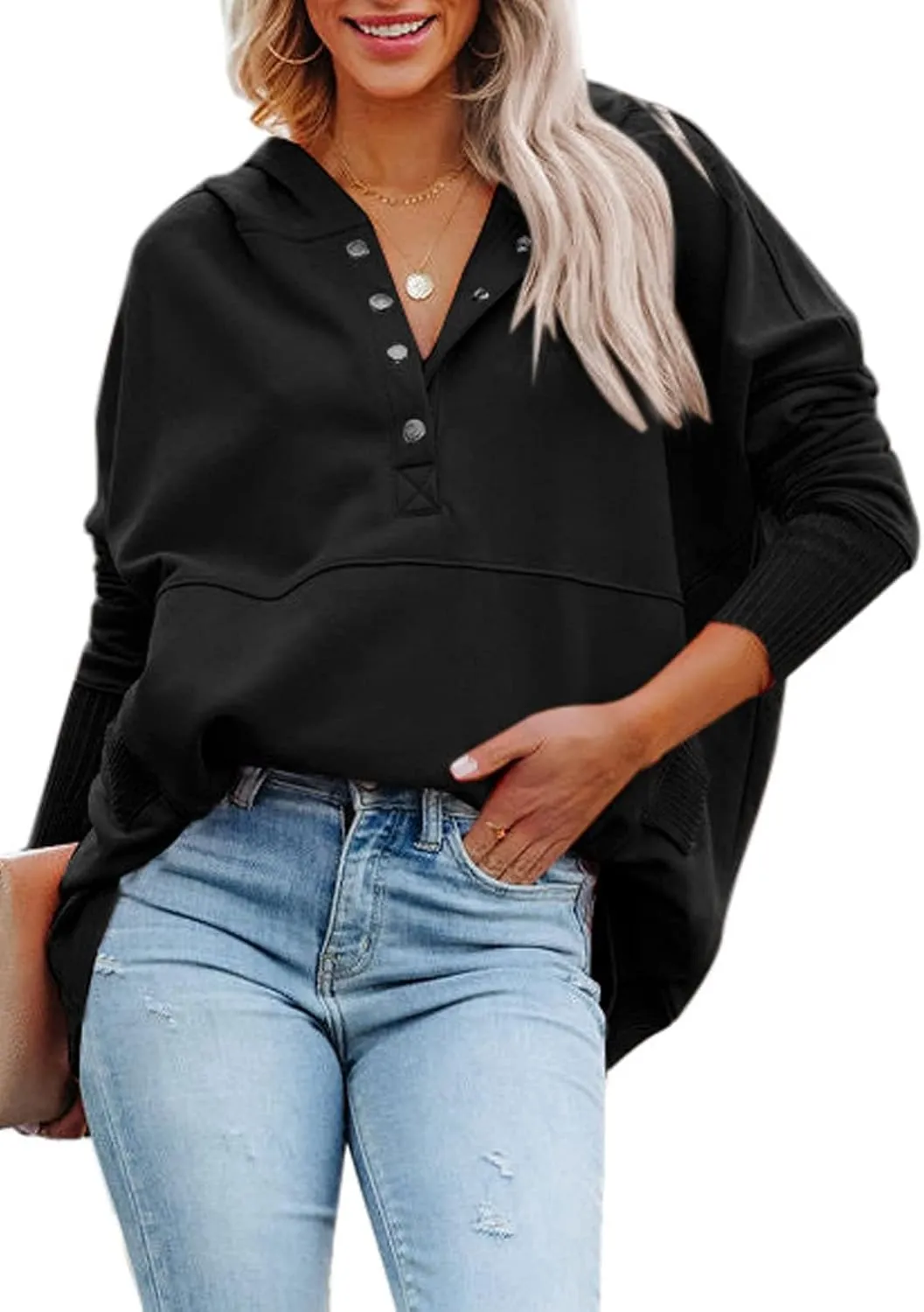 Chatinction Womens Button Tunic Hoodies Oversize V Neck Long Sleeve Pullover Sweatshirts Hooded Tops with Pockets