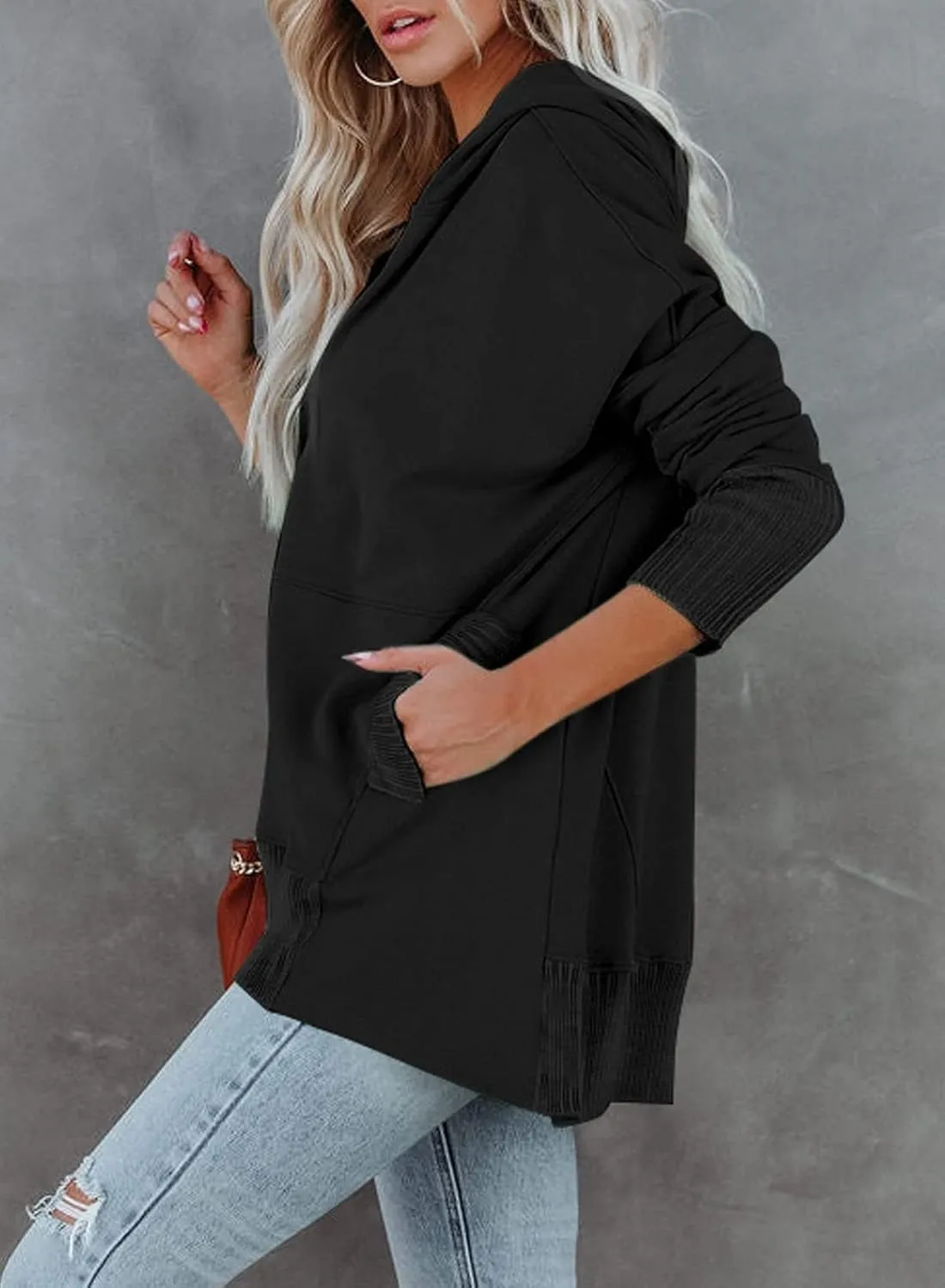 Chatinction Womens Button Tunic Hoodies Oversize V Neck Long Sleeve Pullover Sweatshirts Hooded Tops with Pockets