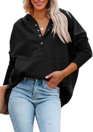 Chatinction Womens Button Tunic Hoodies Oversize V Neck Long Sleeve Pullover Sweatshirts Hooded Tops with Pockets