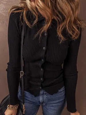 Chic Slim-Fit Ribbed Knitted Sweater with Lapel