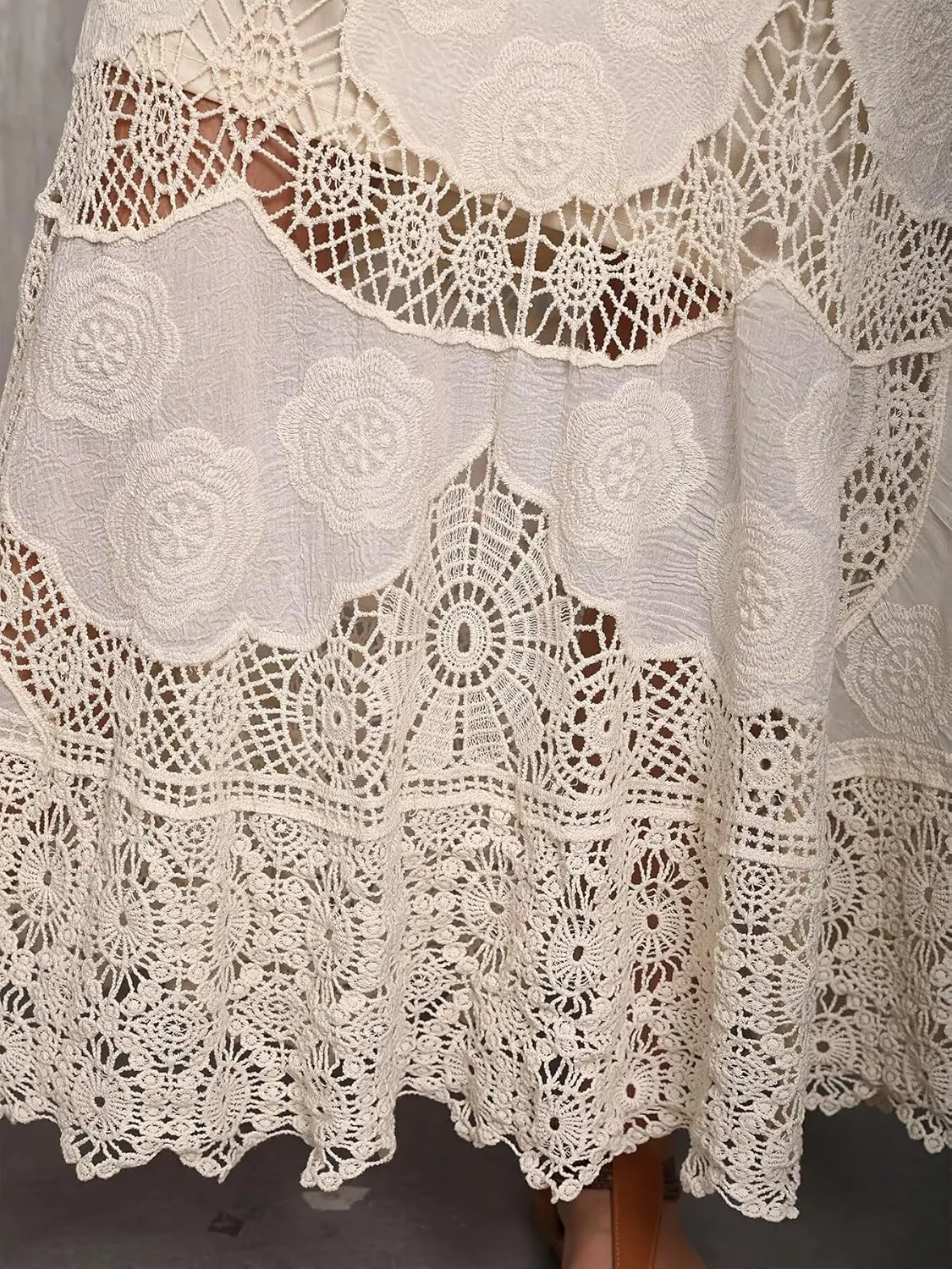 ChicVibes Women's High-Waisted Crochet Lace Maxi Skirt-Stretchy Ankle-Length with Floral Cutout Design, Opaque Lining