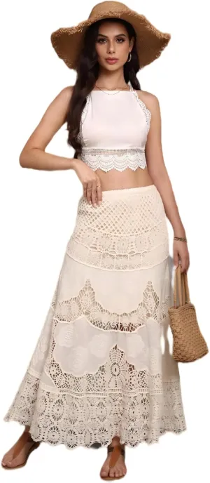 ChicVibes Women's High-Waisted Crochet Lace Maxi Skirt-Stretchy Ankle-Length with Floral Cutout Design, Opaque Lining