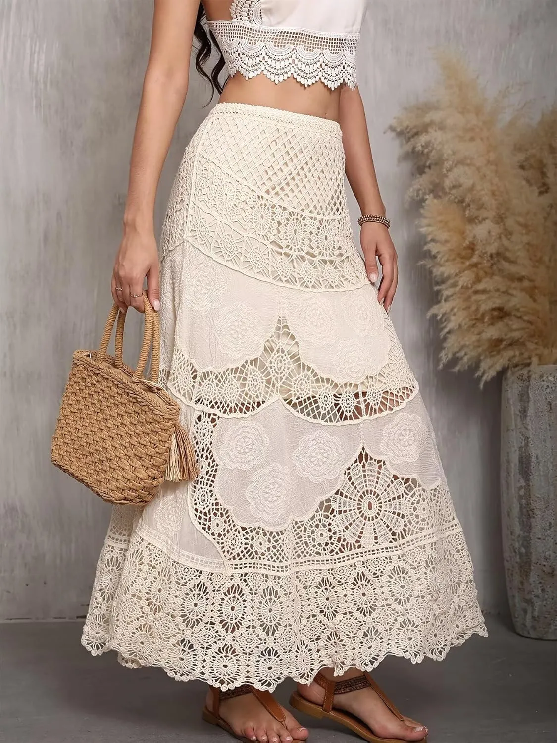 ChicVibes Women's High-Waisted Crochet Lace Maxi Skirt-Stretchy Ankle-Length with Floral Cutout Design, Opaque Lining