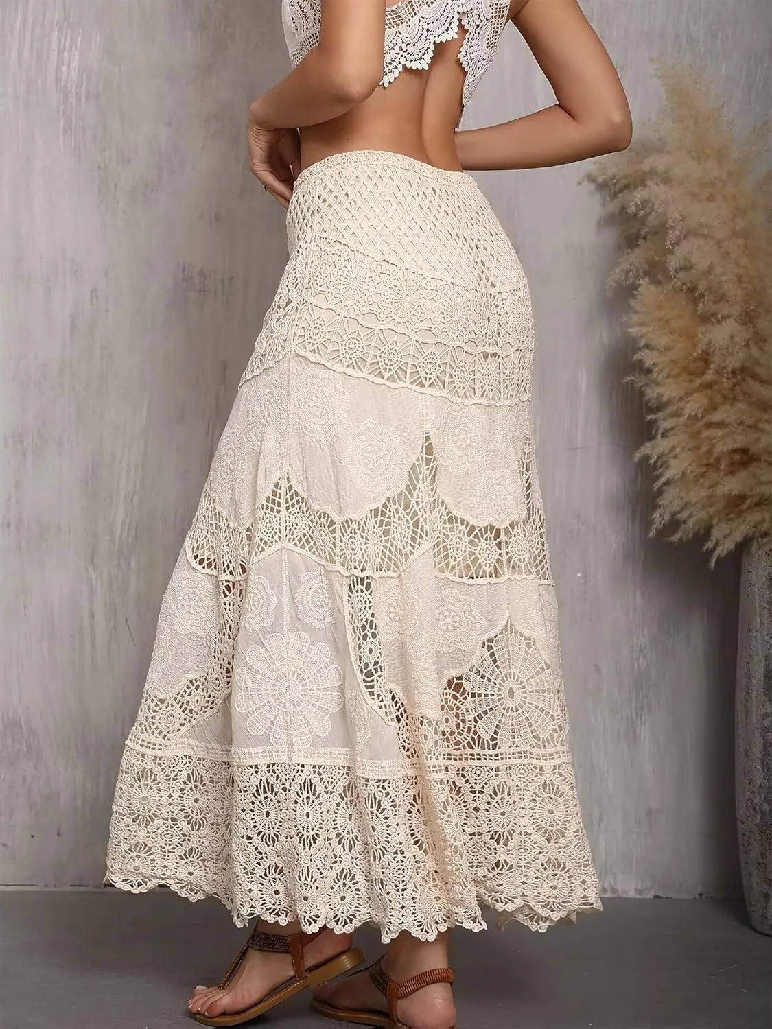 ChicVibes Women's High-Waisted Crochet Lace Maxi Skirt-Stretchy Ankle-Length with Floral Cutout Design, Opaque Lining