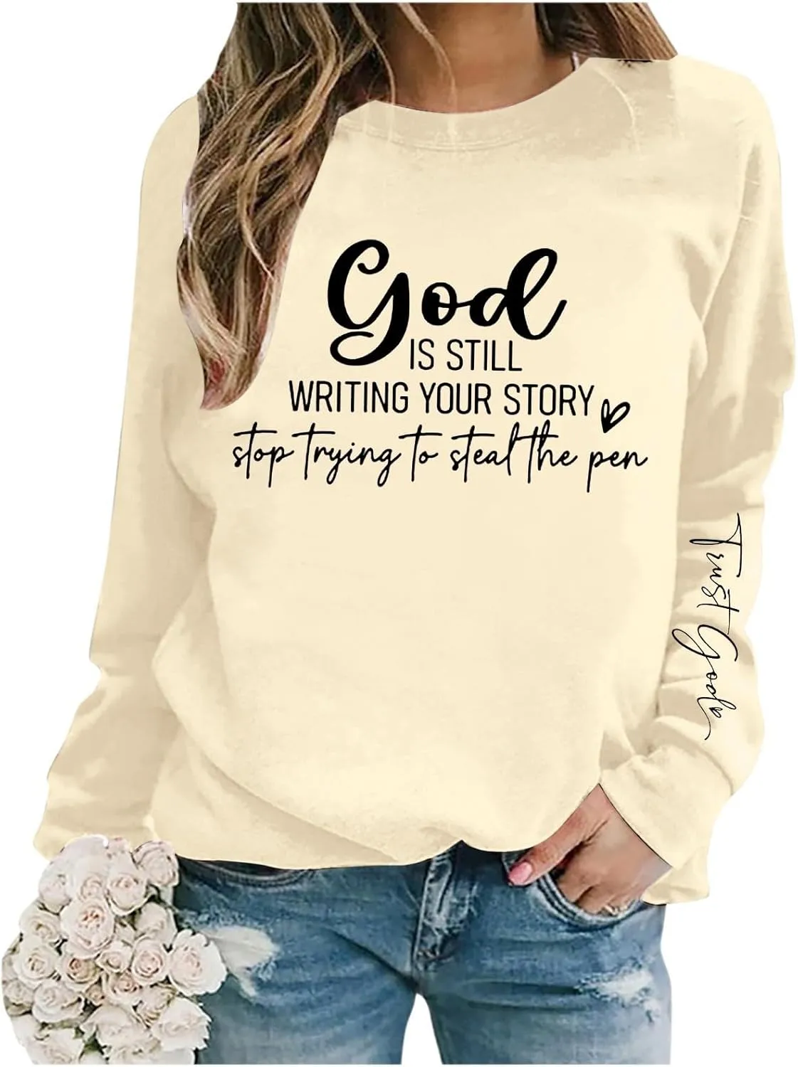 Christian Sweatshirts For Women God Is Still Writing Your Story Letter Graphic Crewneck Long Sleeve Sweatshirt