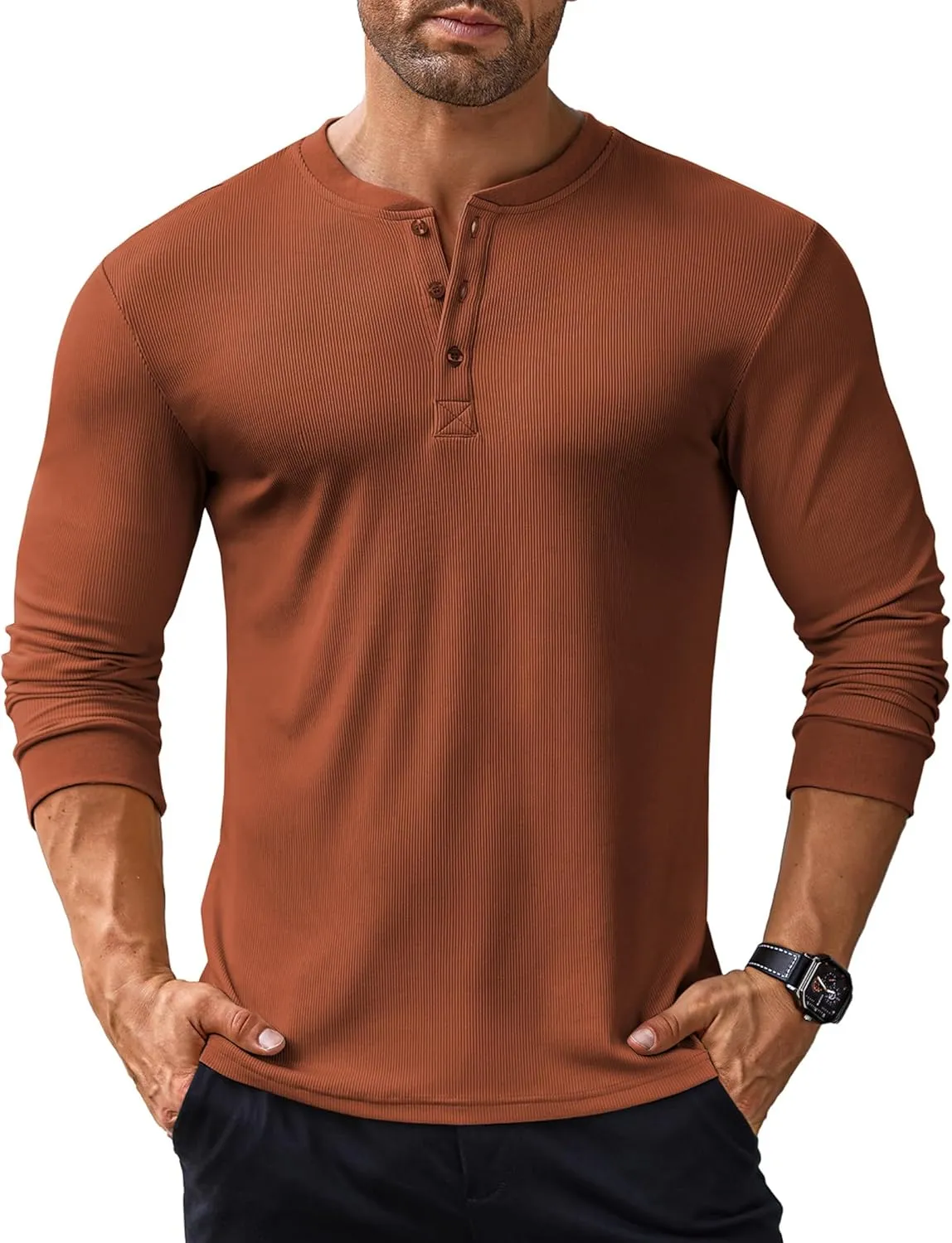 COOFANDY Men's Long Sleeve Henley Shirts Stretch Ribbed T-Shirts Fashion Casual Basic Tops