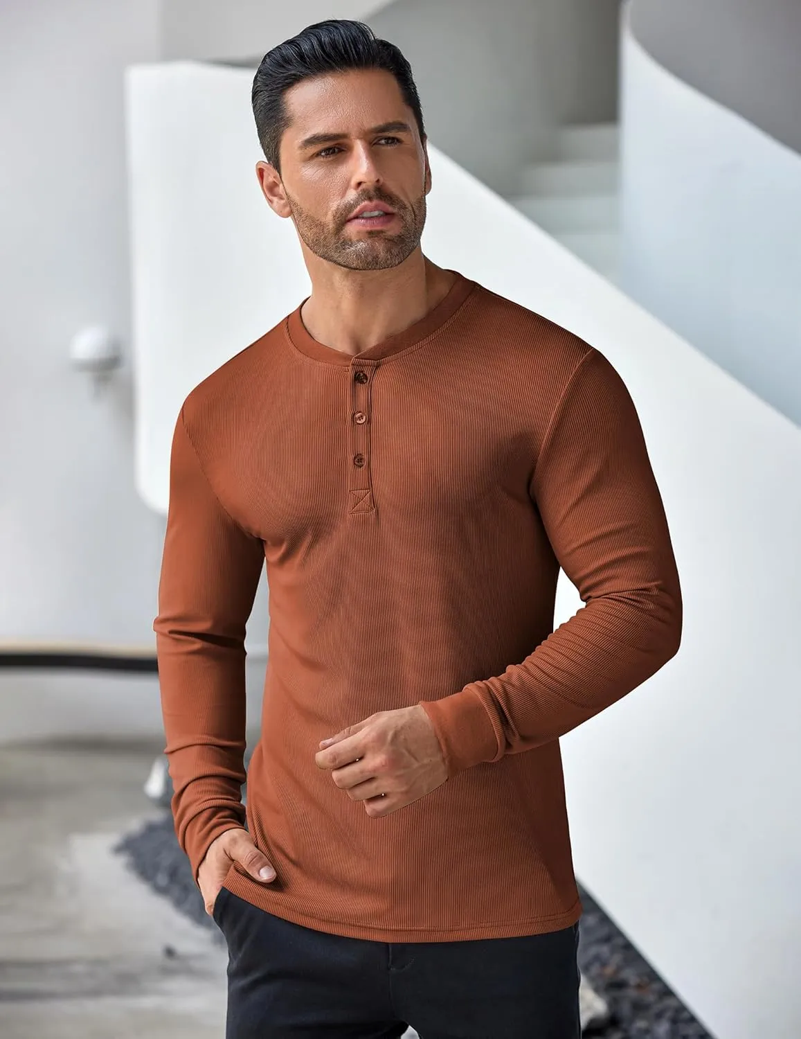 COOFANDY Men's Long Sleeve Henley Shirts Stretch Ribbed T-Shirts Fashion Casual Basic Tops