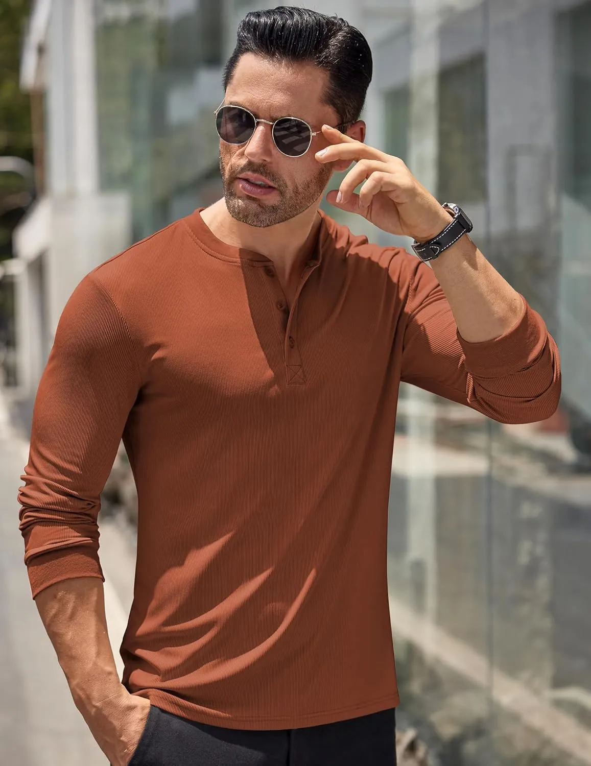 COOFANDY Men's Long Sleeve Henley Shirts Stretch Ribbed T-Shirts Fashion Casual Basic Tops