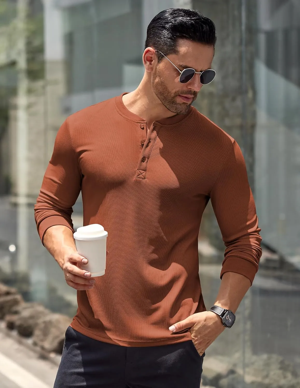 COOFANDY Men's Long Sleeve Henley Shirts Stretch Ribbed T-Shirts Fashion Casual Basic Tops