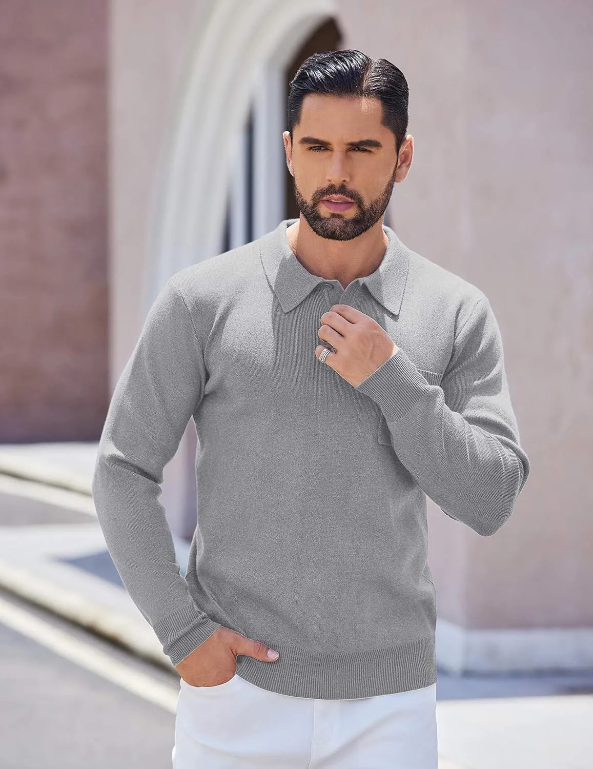 COOFANDY Mens Long Sleeve Polo Sweater Knit Polo Casual Heavyweight Thermal Pullover Sweater with Pocket