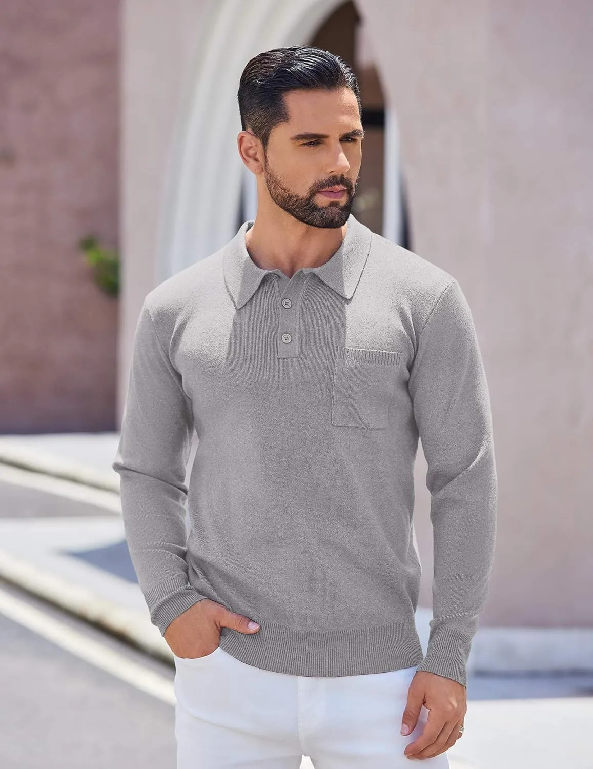COOFANDY Mens Long Sleeve Polo Sweater Knit Polo Casual Heavyweight Thermal Pullover Sweater with Pocket